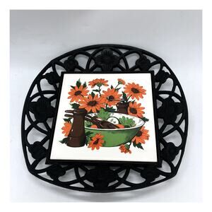 Vintage Iron and Ceramic Trivet Made in Japan